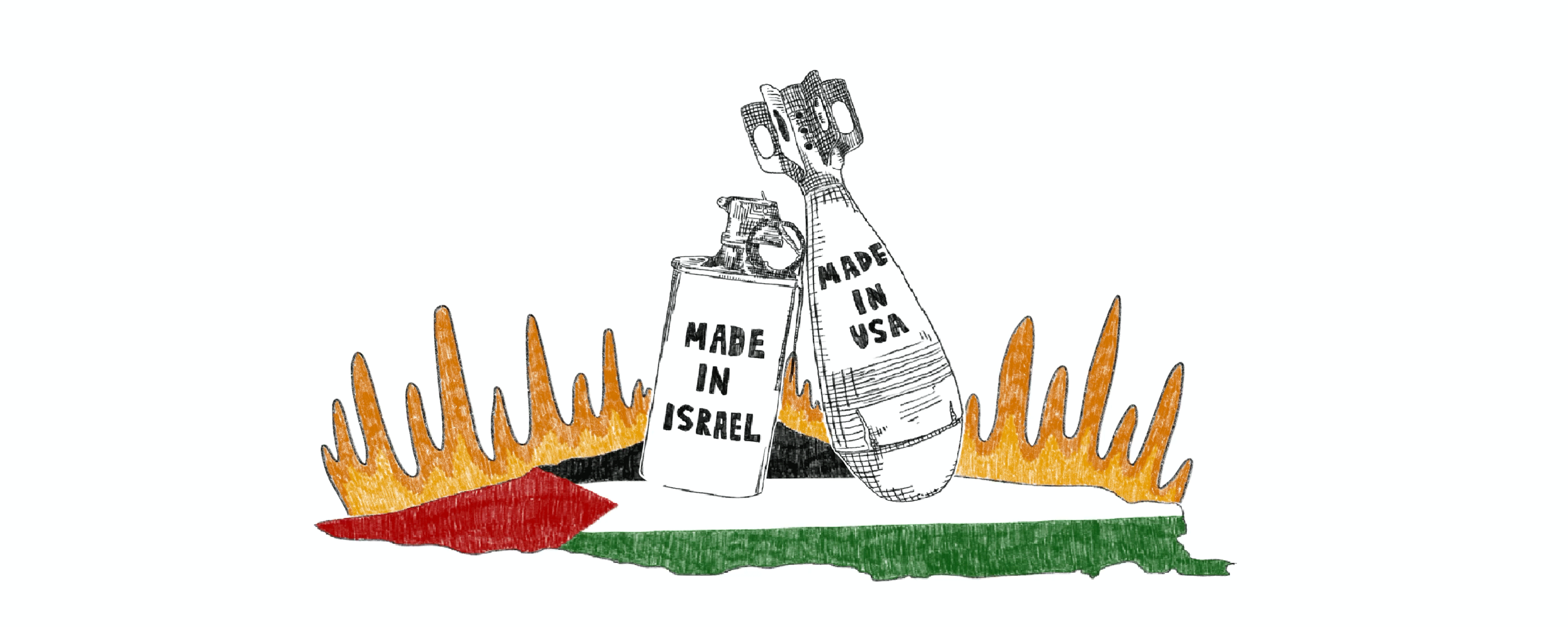 An image of a bomb labeled "Made in USA", a tear gas canister labeled "Made in Israel" hitting a map of Palestine colored in red, green, black and white and a border of flickering flames.