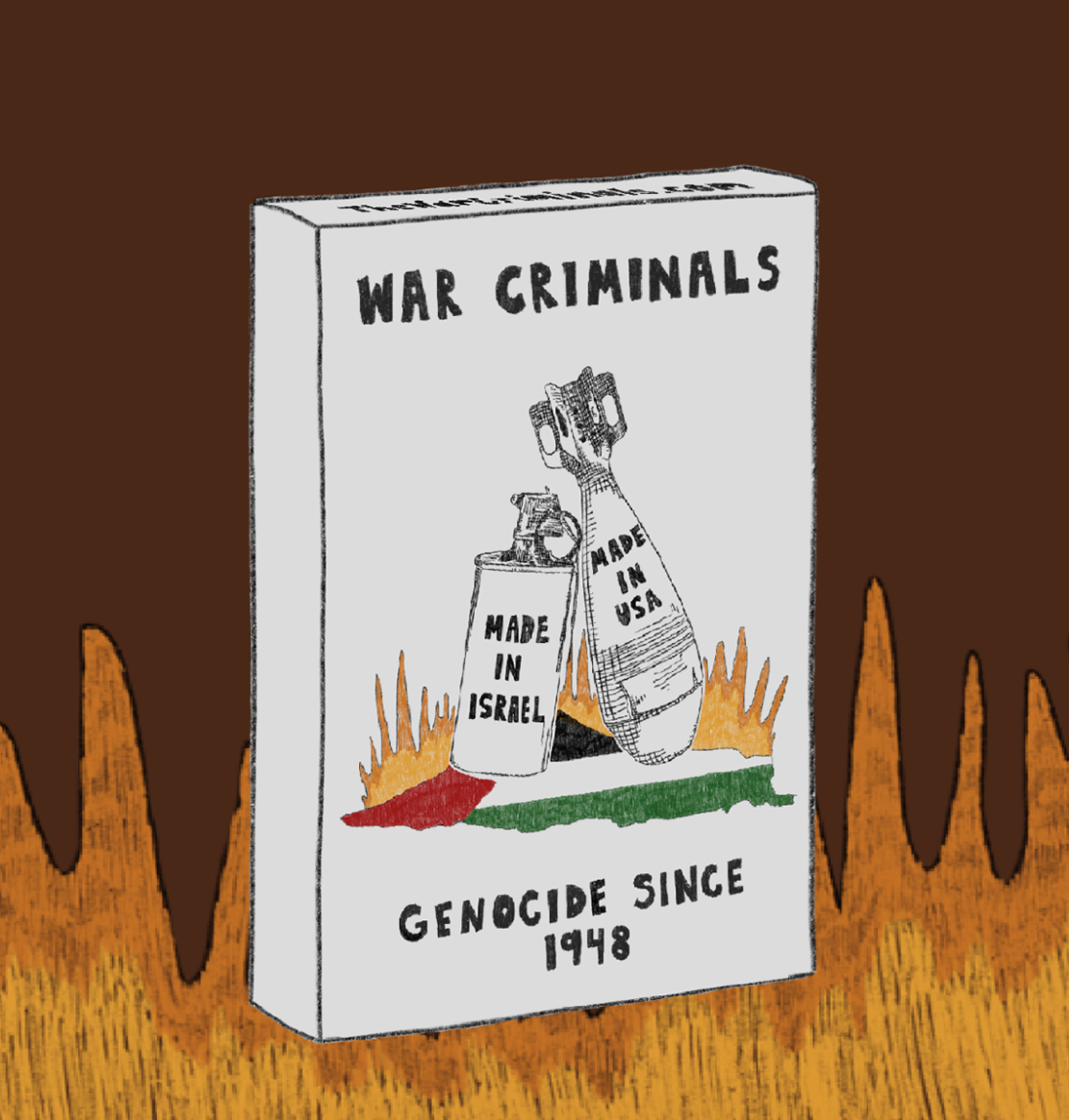 War Criminals Playing Cards box illustrated. Header says "War Criminals" and an image of a bomb labeled "Made in USA", a tear gas canister labeled "Made in Israel" hitting a map of Palestine colored in red, green, black and white and a border of flames. B