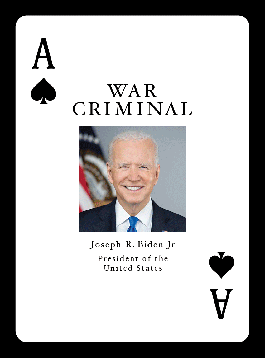 A gif of various War Criminals Playing Cards flipping through. Includes Biden, Netanyahu, Austin, Gallant, Smotrich and Obama.